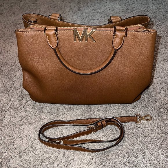 Michael Kors Florence Leather Handbag Satchel Saffiano Acorn Brown Tan EUC - Picture 1 of 11